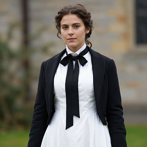 Photograph of a serious brunette woman with curly hair, wearing a black blazer over a white dress with a black ribbon tie, standing in front of