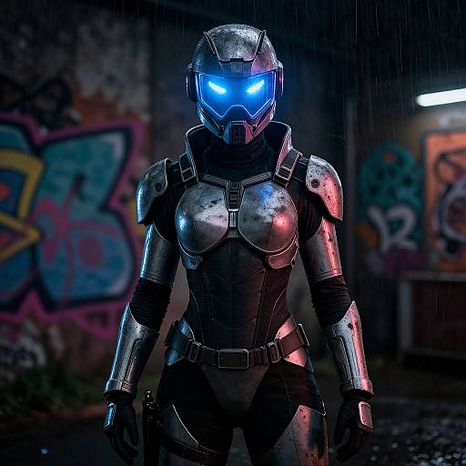 CGI image of a glowing blue-eyed, armored female warrior standing in a rainy, graffiti-covered urban alley at night.