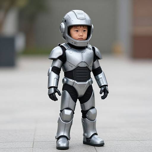 Photograph of an Asian toddler in a shiny silver child-sized astronaut suit with a helmet, standing on a concrete sidewalk.