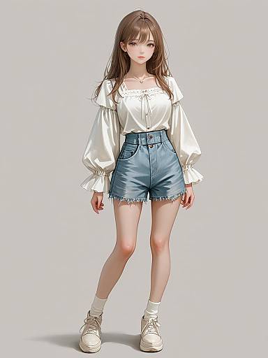 Digital anime-style drawing of a young woman with long brown hair, white off-shoulder blouse, high-waisted blue denim shorts, white socks