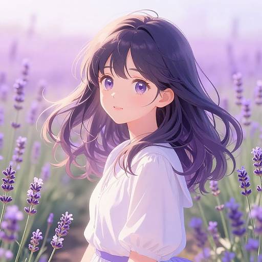 Lavender Anime Girl in Sunlit Field
