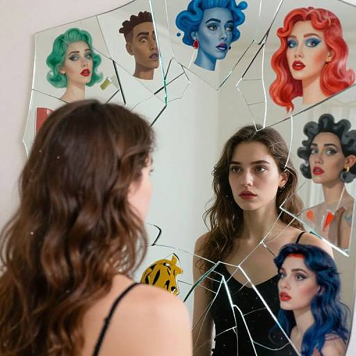 Photograph of a woman with dark hair, wearing a black top, standing in front of a broken mirror reflecting six vibrant, retro-styled portraits of
