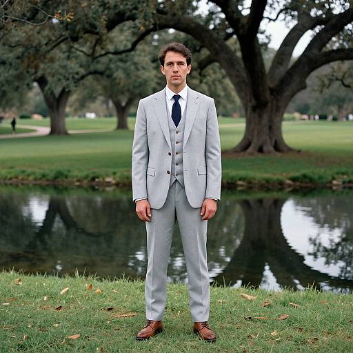 Photograph of a handsome, fair-skinned man in a light gray suit, white shirt, and black tie, standing by a pond in a lush