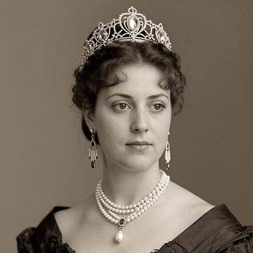 Black-and-white portrait of a woman with curly hair, wearing a detailed tiara, pearl necklace, and dangling earrings, in a black dress.