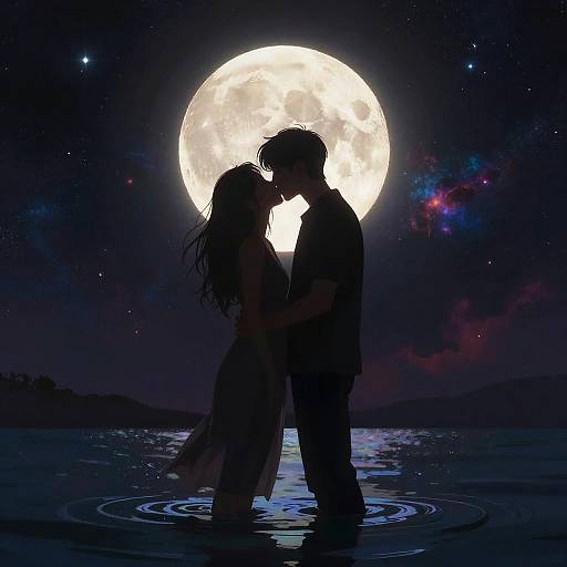 Silhouetted couple kissing in front of a bright full moon, standing in a reflective lake at night, surrounded by a starry sky.