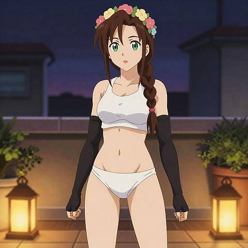 Anime Girl in Flower Crown on Rooftop at Night