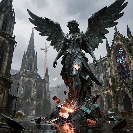 Shattered Obsidian Angel in Neo-Noir Ruins