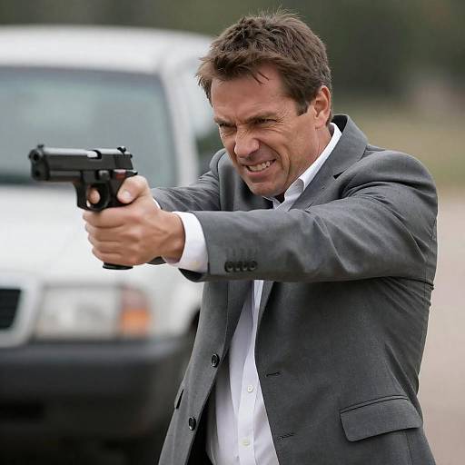 Determined Man Aiming Handgun in Suit