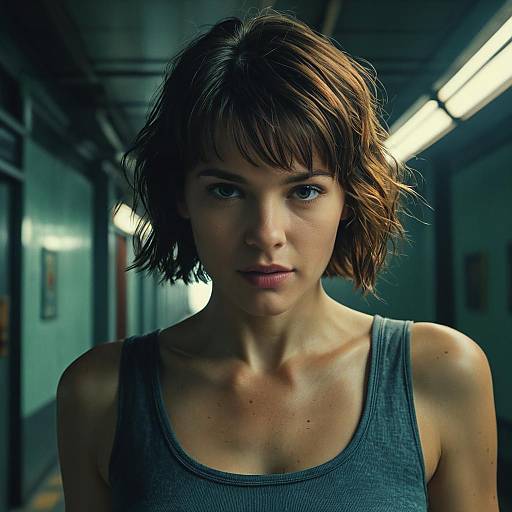 Portrait of Young Woman in Dimly Lit Corridor