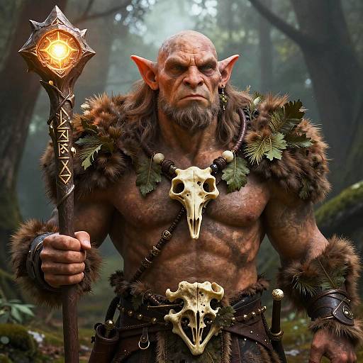 CGI fantasy image of a muscular, bald, orc-like warrior with pointed ears, holding a glowing, ornate staff, wearing fur and bone armor