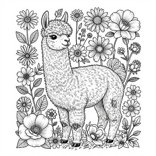 Black-and-white line drawing of a fluffy llama standing among blooming flowers, detailed with intricate fur textures and floral patterns.