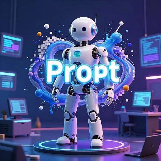 CGI image of a white, futuristic robot with blue neon 