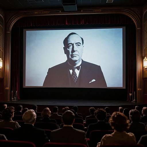 Photograph of a darkened theater with a large projection of a serious, middle-aged man in a suit and tie on the screen, viewed by a