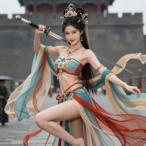 Digital artwork of an Asian woman in an elaborate, colorful, semi-transparent harem outfit, holding a sword, posing dynamically in front of a traditional stone