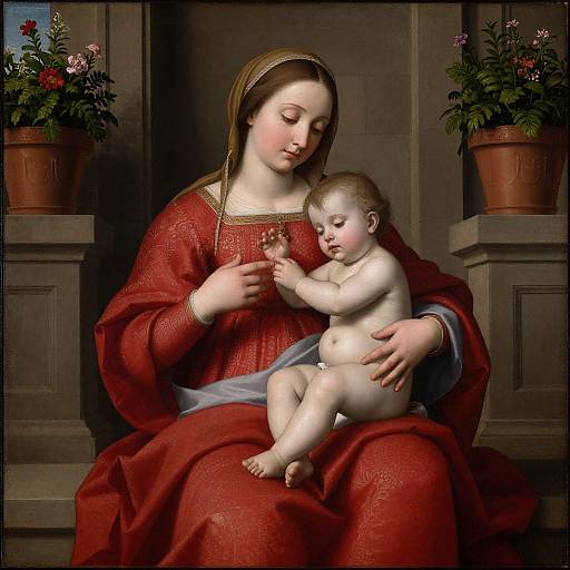Digital painting of a fair-skinned Madonna in a red dress, cradling a chubby, naked infant with pale skin, surrounded by potted flowers