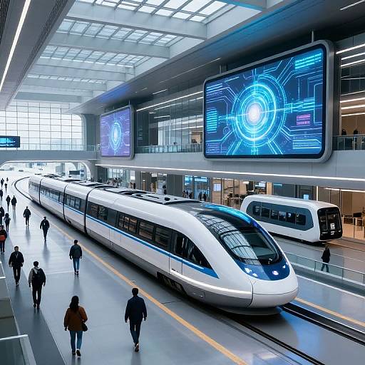 Modern train station photograph: sleek white high-speed train, futuristic blue digital screens, people walking, glass ceiling, bright lights, clean, contemporary design.
