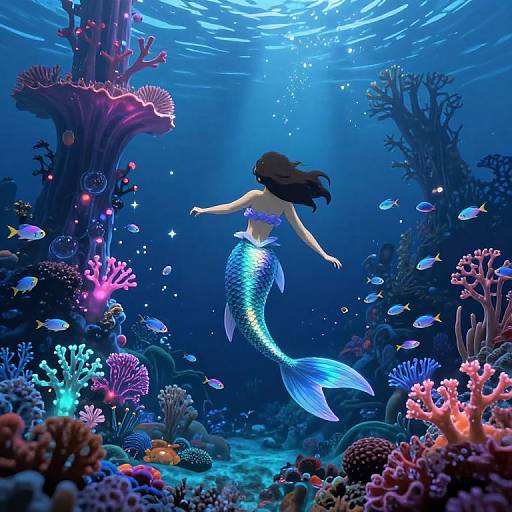 Digital illustration of a blue mermaid with flowing black hair, swimming through a vibrant, colorful underwater coral reef, surrounded by various fish and illuminated by sunlight