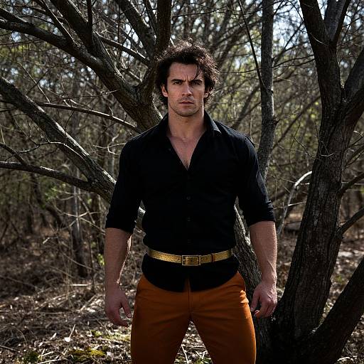 Photograph of a muscular man with tousled dark hair, wearing a black shirt, orange pants, and gold belt, standing in a sunlit,