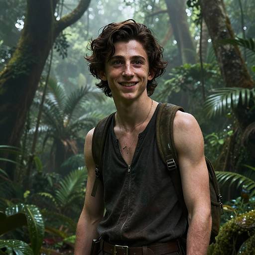Photograph of a smiling young man with curly brown hair, wearing a sleeveless dark shirt and backpack, standing in a lush, misty jungle.