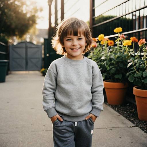 Smiling toddler boy in gray casual outfit outdoors