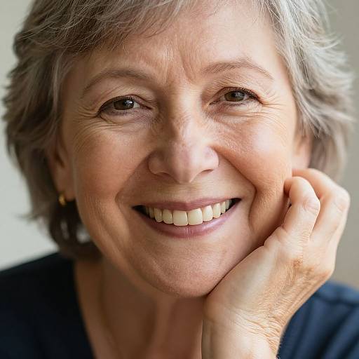 Close-up photograph of smiling elderly woman with short gray hair, fair skin, gold earrings, and black top, resting cheek on hand.