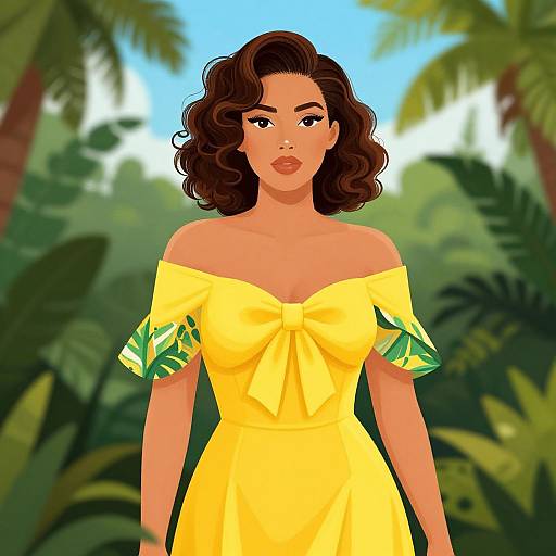 Digital illustration of a curvy, dark-haired woman with wavy hair, wearing a yellow off-shoulder dress with green leaf patterns, standing in