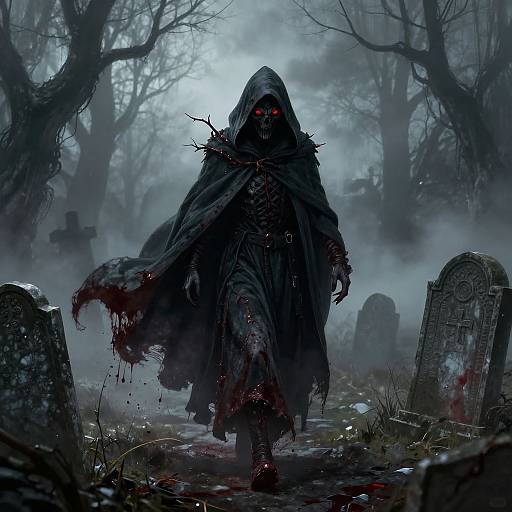 Digital art of a blood-stained, hooded figure with glowing red eyes, walking through a dark, misty graveyard with crumbling tombstones.