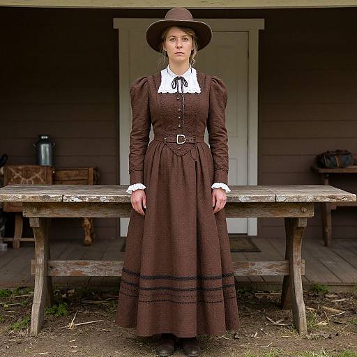 Photograph of a woman in a Victorian-style brown dress with white collar, black belt, and brown hat, standing in front of a wooden bench on