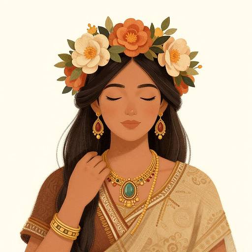 Digital illustration of a serene Native American woman with long black hair, wearing a flower crown, gold jewelry, and a beige patterned blouse.