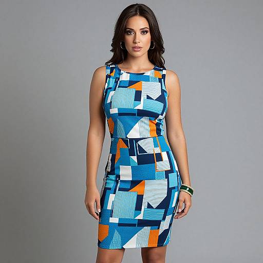 Photograph of a dark-haired woman in a sleeveless, blue, white, and orange geometric-patterned dress, standing against a plain gray background.