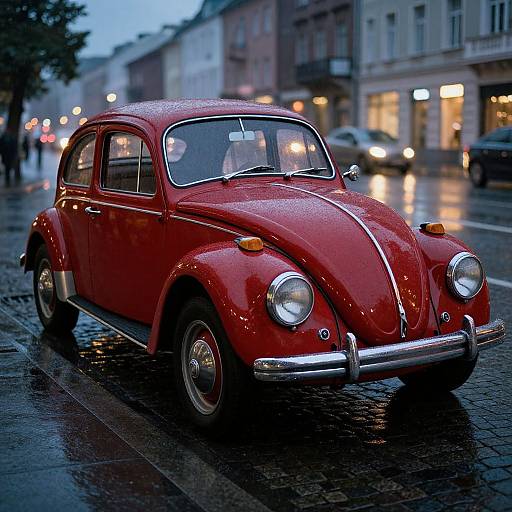 Photograph of a shiny, red vintage Volkswagen Beetle parked on a wet, cobblestone street at dusk, with blurred city lights in the background.