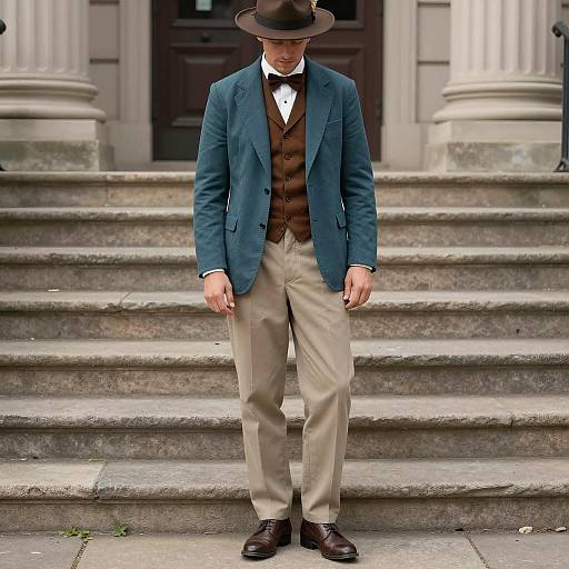 Man in Vintage Ragtime Costume Standing Outdoors