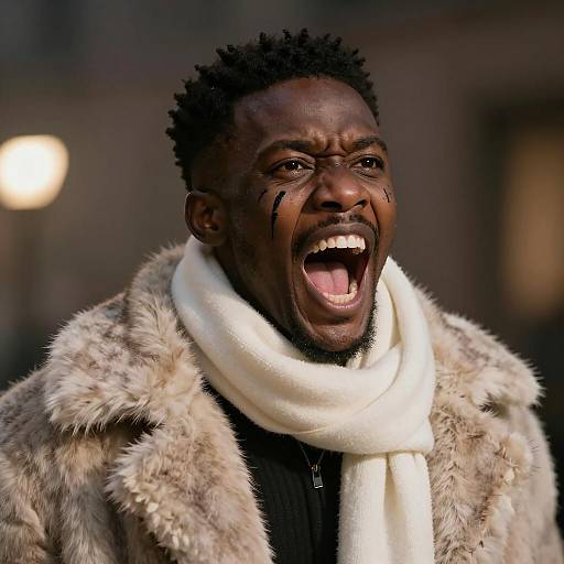 Black Man Screaming in Fur Coat and Scarf