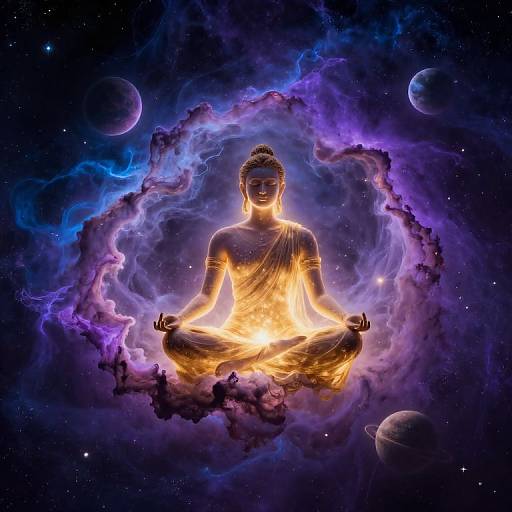 Digital artwork of a glowing, serene Buddha in a lotus position, surrounded by vibrant purple and blue cosmic clouds, with planets in the starry background