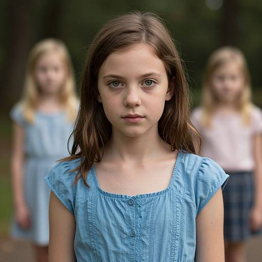 Photograph of a serious young girl with light brown hair in a blue dress, standing in front of two blurred blonde girls in a park.