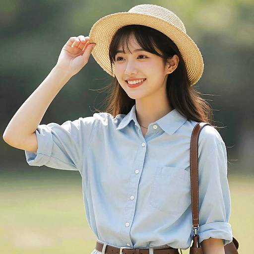 Photograph of an Asian woman with long black hair, wearing a straw hat, light blue shirt, and brown suspenders, smiling outdoors.