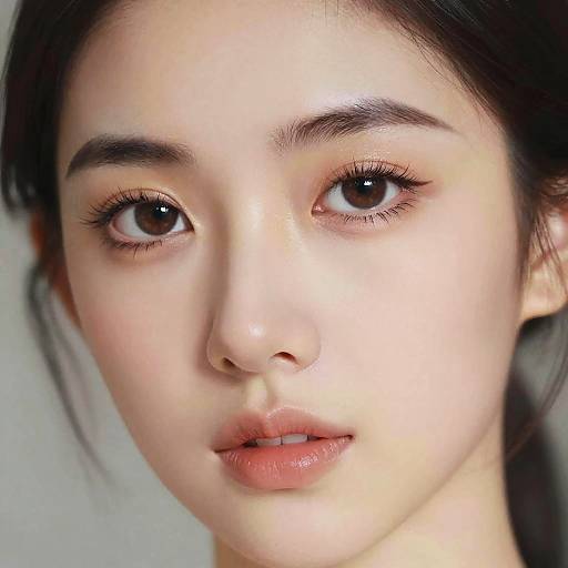 Close-up photograph of an East Asian woman with fair skin, dark brown eyes, subtle makeup, and dark hair. Soft light highlights her smooth complexion and