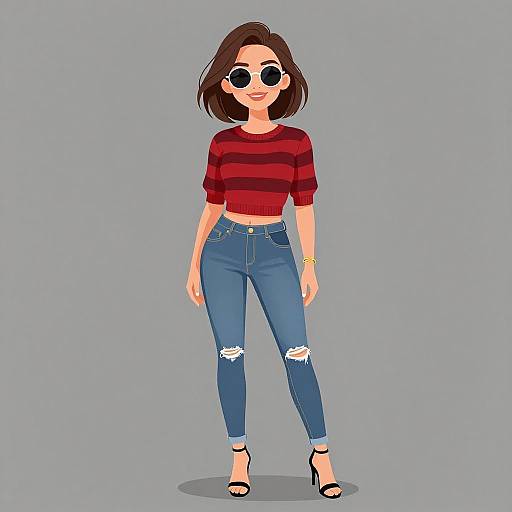 Digital illustration of a woman with brown bob, wearing round sunglasses, red striped crop top, blue ripped jeans, and black heels.