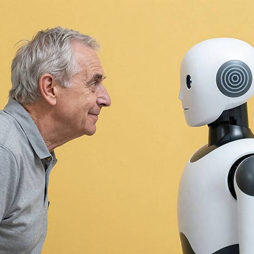 Man and Robot Interaction on Yellow Background