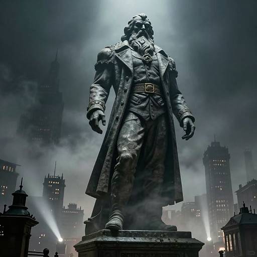 Dramatic CGI statue of a gas-masked figure in a long coat, illuminated by spotlight, against a dark, foggy cityscape with towering