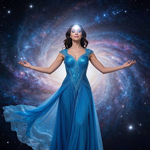Photograph of a serene woman in a sparkling blue gown with a galaxy background, arms outstretched, glowing white light on her forehead.