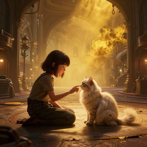 Digital artwork of a young girl with short black hair, kneeling on a sunlit, archway courtyard, gently touching a white, fluffy cat's forehead