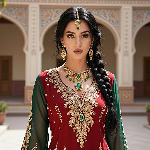 Photograph of an Indian woman with long black braided hair, wearing a red and green traditional embroidered dress, gold jewelry, and green gemstones,
