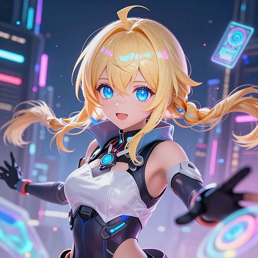 Digital anime-style artwork of a blonde, blue-eyed girl with twin braids, wearing a futuristic white and black outfit, in a neon-lit city