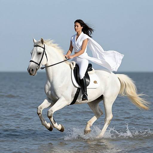 Photograph of a black-haired woman in a white flowing outfit riding a white horse through shallow ocean water under a clear blue sky.