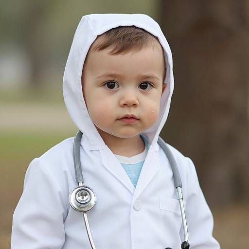 Photograph of a young child with light skin, brown hair, and large dark eyes, wearing a white hoodie and stethoscope, standing outdoors with