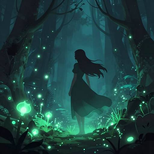 Digital illustration of a silhouetted woman with flowing hair standing in a mystical, dark blue forest illuminated by glowing green fireflies.