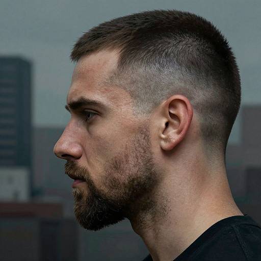 Photograph of a bearded Caucasian man with short, buzz-cut hair in profile, wearing a black shirt, against a blurred urban background.