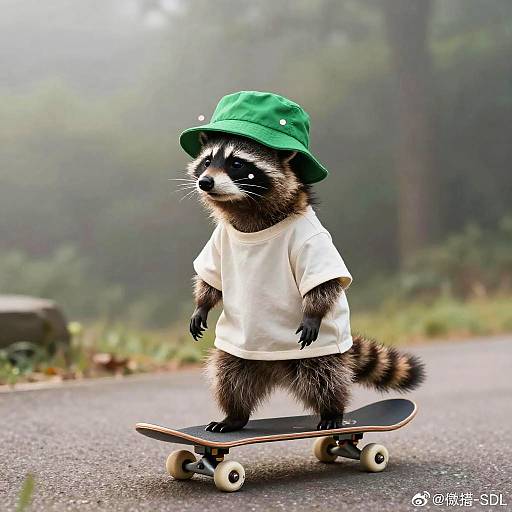 Clothed Raccoon Skateboarding at Dawn