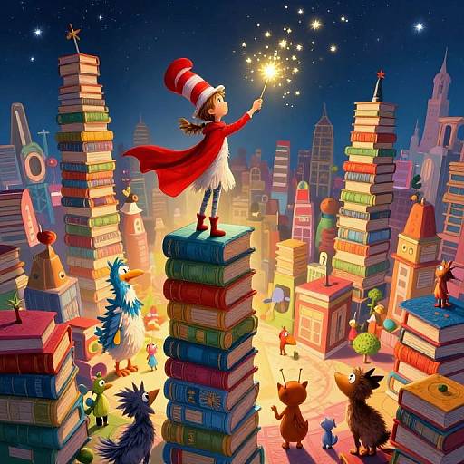 Whimsical digital illustration of a child in a red hat and cape, standing on a stack of books, lighting a firework in a magical city